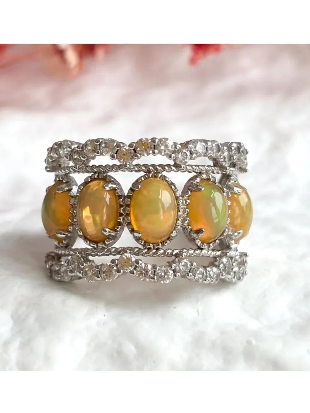 Ethiopian Opal Stone Row Set Scalloped Sterling Silver 925 Vintage Ring - sz 8
